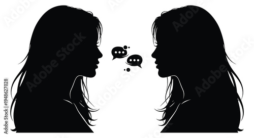 Two women facing each other in silhouette with speech bubbles between them