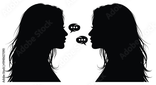 Two women facing each other in profile with speech bubbles between them