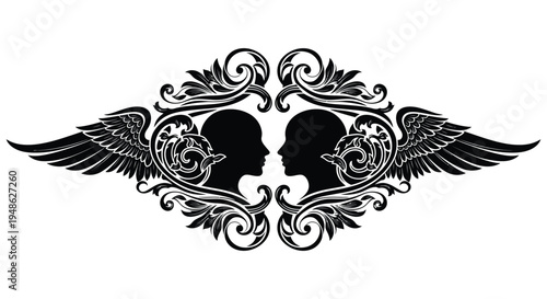 Elegant black and white design featuring two profile silhouettes with ornate wings