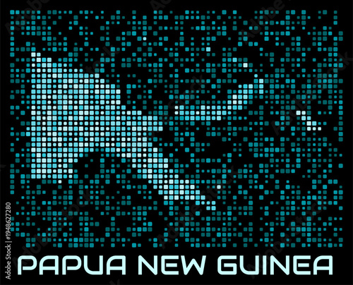Papua New Guinea digital dotted map. Shape of the country in cyan color palette on dark background. Futuristic Papua New Guinea map design. Vector illustration.