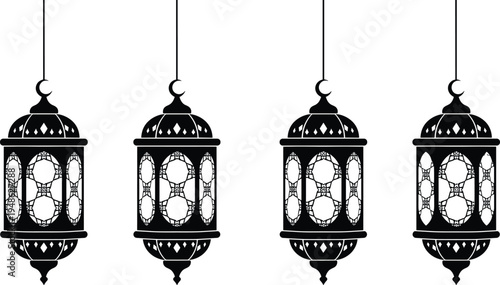 Hanging Ramadan lantern set with crescent moon tops and ornate Arabic geometric patterns, traditional Islamic fanous lamps for Ramadan Kareem decoration design