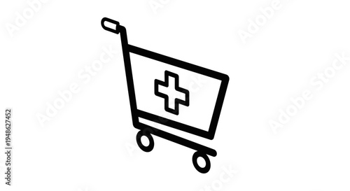 Doodle Shopping Cart with Plus Sign Icon, Healthcare Purchase Concept