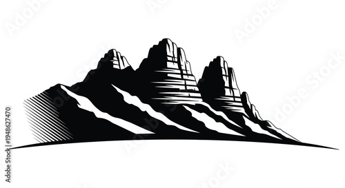 Stylized black and white illustration of jagged mountain peaks and rolling hills