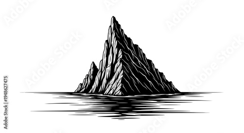 Dramatic Jagged Rock Formation Emerging From Calm Water, Black and White Illustration