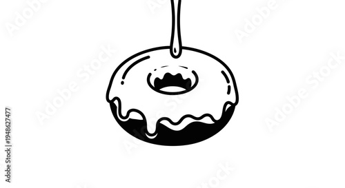 Dripping Glaze on a Donut: Black and White Line Art Illustration