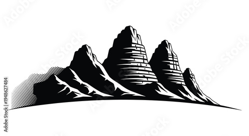 Stylized black and white illustration of jagged mountain peaks and rolling hills