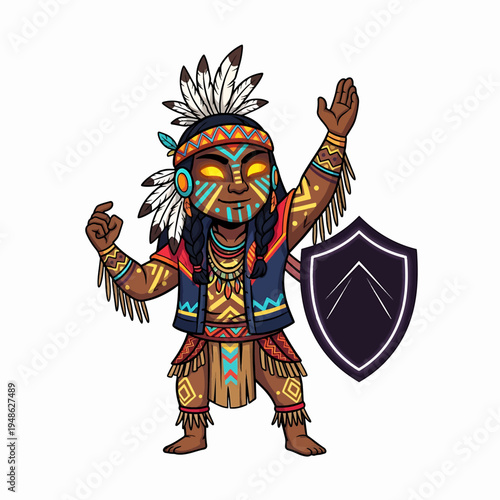 Native Warrior Child with Feathers Shield and Armor