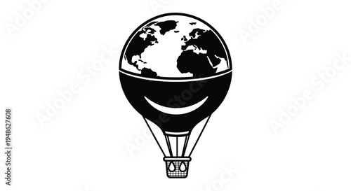 A black and white illustration of earth encased in a hot air balloon