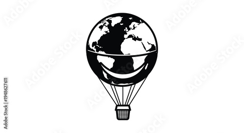 A stylized black and white image of earth inside a hot air balloon