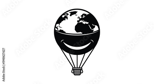 A black and white illustration of earth as a hot air balloon