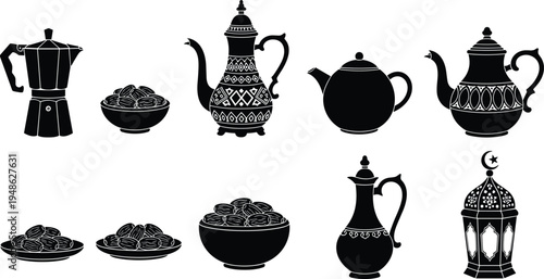 Ramadan iftar food and Arabic coffee pot silhouette icon set featuring dates bowls, teapots, dallah and lantern symbols for Islamic Ramadan Kareem celebration design