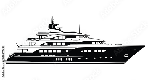 A sleek black and white illustration depicting a large luxurious modern yacht at sea