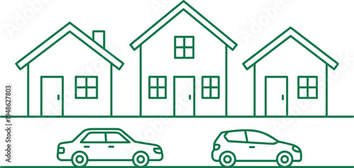 Green outline houses and cars line icon, residential neighborhood transport concept, eco mobility, real estate street scene vector illustration