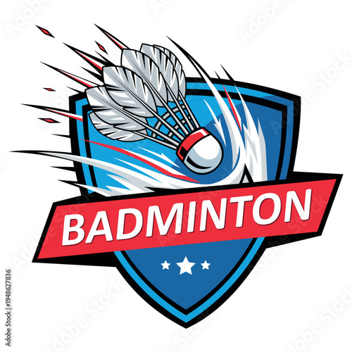 Dynamic badminton tournament logo featuring a flying shuttlecock with speed motion lines on blue shield and red banners