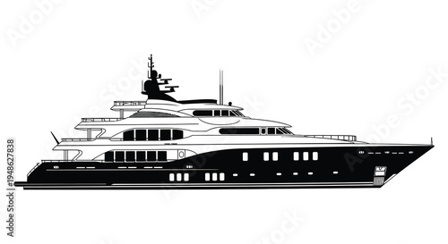 A sleek black and white outline of a large luxury yacht at sea
