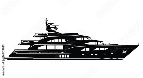 Sleek black and white illustration of a large modern luxury yacht at sea