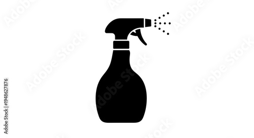 Black spray bottle icon with liquid spraying out, isolated on white background