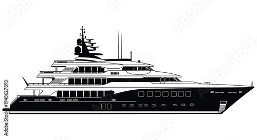 A black and white line drawing of a large luxurious yacht at sea