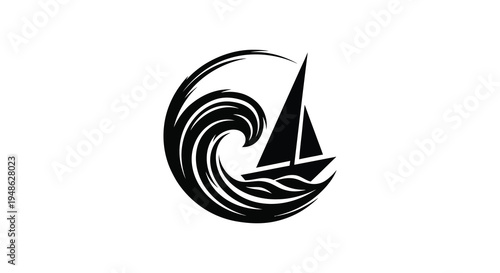 Stylized black sailboat navigating a swirling wave minimalist nautical design