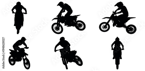 Motocross rider silhouettes set collection featuring dirt bike racers jumping and riding extreme sports action gear icon
