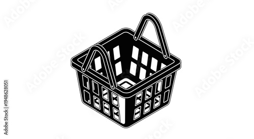 Black and white shopping basket icon, isolated on white background, e-commerce symbol