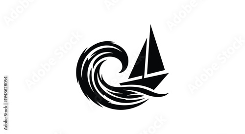 Stylized black and white image of a sailboat navigating a swirling wave