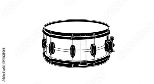 Black and White Snare Drum Illustration - Isolated on White Background