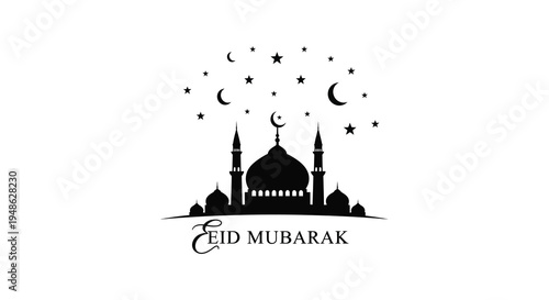 Black silhouette of a mosque and crescent moons with eid mubarak text