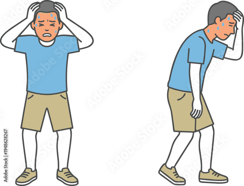 Man suffering heat exhaustion and headache, sweating person feeling dizzy in hot weather, heatstroke symptom illustration, health problem vector
