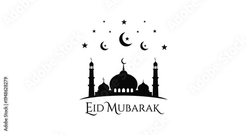Eid mubarak greeting with a crescent moon stars and a mosque silhouette
