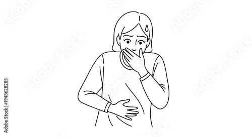 Woman feeling nauseous, holding stomach and covering mouth, looking distressed