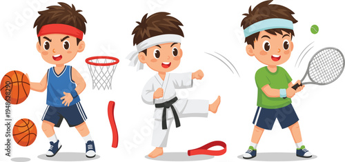 Active Boy Sports Set with Basketball, Karate, and Tennis for Kids' Fitness and Sports Illustrations