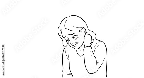 Woman Feeling Sadness, Neck Pain, Stress, Anxiety, Depression, Mental Health Issues, Line Art