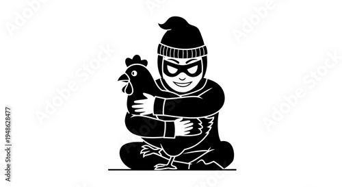 Thief in disguise hugging a chicken, black and white illustration