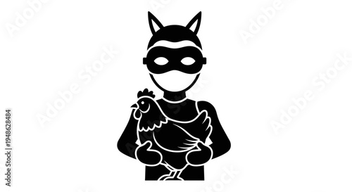 Thief in mask and cat ears stealing a chicken, vector illustration
