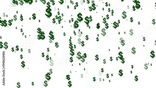 Green dollar signs raining down white background money falling animation seamless loop
