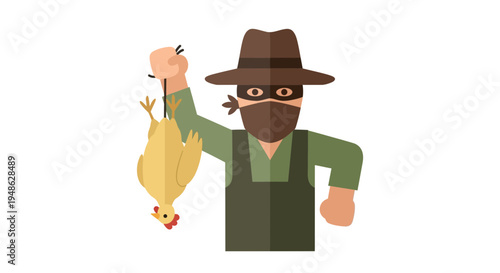 Thief in mask holding stolen chicken, rural crime concept