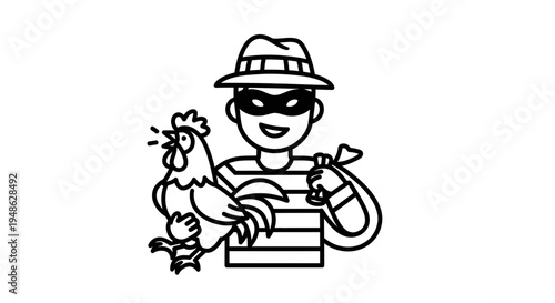 Thief in mask stealing a chicken, cartoon style