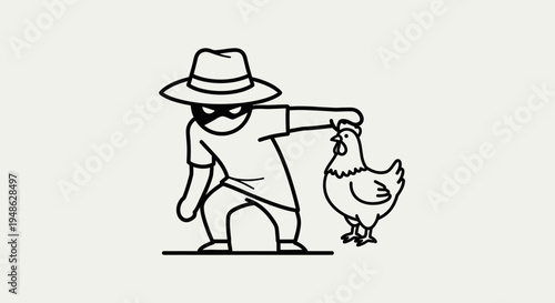 Thief Stealing Chicken - Line Art Illustration