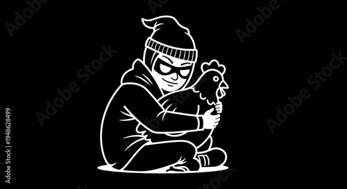 Thief stealing a chicken, cartoon illustration, black background