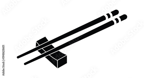 Black and white illustration of a pair of chopsticks resting on a chopstick rest