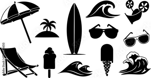 Summer beach icons vector set with sun palm tree umbrella sunglasses starfish and tropical vacation symbols
