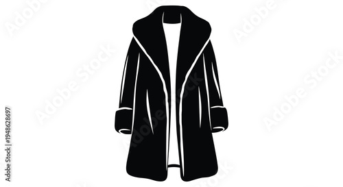 Black and white illustration of a long open fur coat on a white background