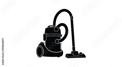 Silhouetted image of a classic canister vacuum cleaner on a white background