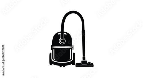 Simple black silhouette of a canister vacuum cleaner on a white background