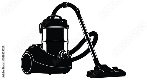 A black and white silhouette of a modern canister vacuum cleaner with attached hose