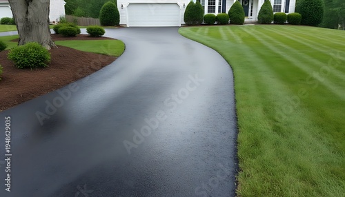 Freshly applied black sealcoat glistens on a newly restored asphalt driveway,  clean edges and subtle texture visible, Roads and Transportation Infrastructure