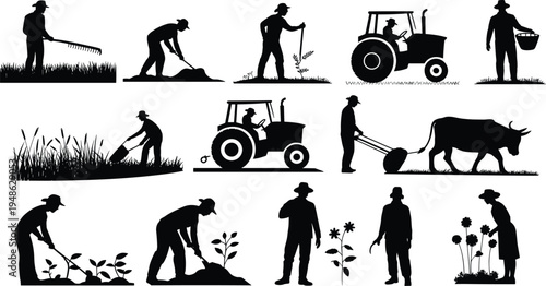 Farmer silhouettes set, agriculture workers with tractor and tools, farming activities collection, rural cultivation concept, gardening and harvest tasks, isolated vector illustration