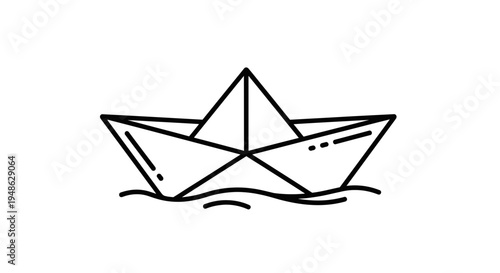 Simple paper boat sailing on wavy water, minimalist line art illustration
