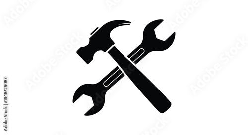 A black silhouette depicting a crossed hammer and wrench on a white background